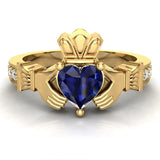 Genuine Heart Blue Sapphire Claddagh Diamond Ring 0.62 Ct 14K Gold - Yellow Gold