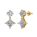 Round & Princess Drop Two stone Diamond Dangle Earrings 18K Gold-G,VS - Yellow Gold