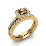 1.00 ct tw Champagne & White Cushion Halo Engagement Ring Set 14k Gold Glitz Design (J,I1) - Yellow Gold
