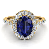 Blue Sapphire & Diamond Halo Ring 14K Gold September Birthstone - Yellow Gold