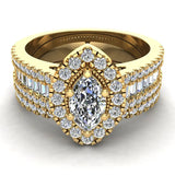 Statement Band Marquise Cut Halo Diamond Engagement Ring Baguettes 1.43 Carat Total 18K Gold (G,SI) - Yellow Gold