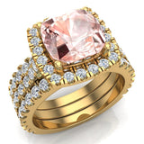 Wedding Ring Set Cushion cut Morganite Halo Ring 14K Gold 3.85 ct-I,I1 - Yellow Gold