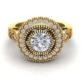 0.98 Carat Vintage Halo Solitaire Wedding Ring 18K Gold (G,SI) - Yellow Gold