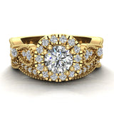 1.50 Ct Vintage Halo Diamond Engagement Ring Set Millgrain Style 14K Gold-I,I1 - Yellow Gold