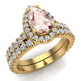 Pear Cut Pink Morganite Halo Wedding Ring Set 18K Gold-G,VS - Yellow Gold