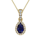Pear Cut Sapphire Halo Diamond Necklace 14K Gold (I,I1) - Yellow Gold