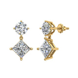 Round & Princess Drop Two stone Diamond Dangle Earrings 14K Gold-G,SI - Yellow Gold