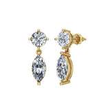 Round & Marquise Drop 2 stone Diamond Dangle Earrings 18K Gold-VS - Yellow Gold
