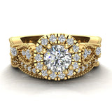 1.50 Ct Vintage Halo Diamond Engagement Ring Set Millgrain Style 14K Gold-G,SI - Yellow Gold