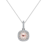 Round Cut Morganite Cushion Double Halo 2 tone necklace 14K Gold-G,SI - Rose Gold