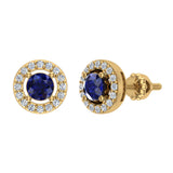 September Birthstone Blue Sapphire Halo Stud Diamond Earring 14K Gold - Yellow Gold