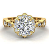 GIA Round halo diamond engagement rings floral milgrain 14K 1.25 ctw H SI - Yellow Gold