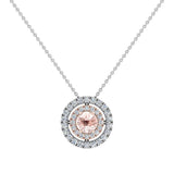 Round Cut Pink Morganite Double Halo 2 tone necklace 14K Gold-G,I1 - Rose Gold