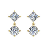 Princess & Round Drop Two stone Diamond Dangle Earrings 14K Gold-I,I1 - Yellow Gold
