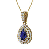 Pear Cut Sapphire Double Halo Diamond Necklace 14K Gold (I,I1) - Yellow Gold