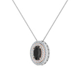 Oval Cut Black Diamond Double Halo 2 tone necklace 14K Gold G,I1 - Rose Gold