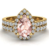 Pear Cut Pink Morganite Halo Wedding Ring Set 18K Gold-G,VS - Yellow Gold