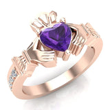 Genuine Heart Amethyst Claddagh Diamond Ring 0.62 Ct 14K Gold - Rose Gold