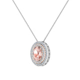 Oval Cut Pink Morganite Double Halo 2 tone necklace 14K Gold (G,SI) - Rose Gold