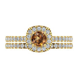 1.00 ct tw Champagne & White Cushion Halo Engagement Ring Set 14k Gold Glitz Design (J,I1) - Yellow Gold