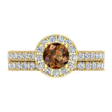1.38 ct tw Champagne & White Round Diamond Cathedral Style Halo Engagement Ring Set 14K Gold (J,I1) - Yellow Gold