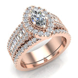 Statement Band Marquise Cut Halo Diamond Engagement Ring Baguettes 1.43 Carat Total 14K Gold (I,I1) - Rose Gold