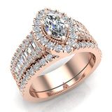 Statement Band Marquise Cut Halo Diamond Engagement Ring Baguettes 1.43 Carat Total 14K Gold (G,I1) - Rose Gold
