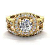 Crescent Wave Shank Round Diamond Cushion Halo Wedding Ring w Band 1.46 ctw 14K Gold (G,I1) - Yellow Gold