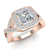 Princess-Cut Diamond Square Halo Crisscross Shank Engagement Ring 14K Gold-I,I1 - Rose Gold