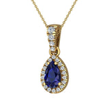 Pear Cut Sapphire Halo Diamond Necklace 14K Gold (I,I1) - Yellow Gold