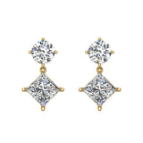 Round & Princess Drop Two stone Diamond Dangle Earrings 14K Gold-G,SI - Yellow Gold
