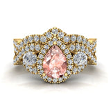 Infinity Style Pear Morganite Halo Diamond Wedding Ring Set 14K Gold-I,I1 - Yellow Gold