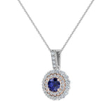 Round Cut Blue Sapphire Double Halo 2-tone Necklace 14K Gold-G,I1 - Rose Gold