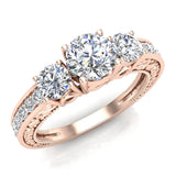 1.40 Ct Three-stone Diamond Engagement Ring 18K Gold Mill grain and Engraved Shank-VS - Rose Gold