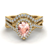 1.60 Ct Pink Morganite Criss Cross Diamond Halo Wedding Ring Set 14K Gold-I,I1 - Yellow Gold