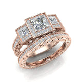 Princess Cut Vintage Engagement Ring with Wedding Band 14K Gold-G,SI - Rose Gold