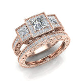 Princess Cut Vintage Engagement Ring with Wedding Band 18K Gold-G,VS - Rose Gold