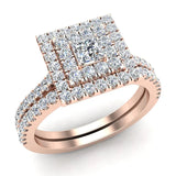 Princess Cut Double Halo Diamond Wedding Ring Bridal Set 18K Gold (G,VS) - Rose Gold