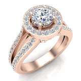 Exquisite Round Diamond Halo Split Shank Engagement Ring 1.35 ctw 18K Gold (G,SI) - Rose Gold