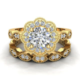 Classic Round Diamond Floral Halo Setting Wedding Ring Set 1.42 ctw 14K Gold-G,I1 - Yellow Gold
