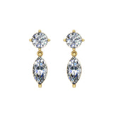 Round & Marquise Drop 2 stone Diamond Dangle Earrings 14K Gold-G,SI - Yellow Gold