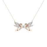 18K Gold Necklace Twin Angels & Wings Diamond Charm Pendant-VS - Rose Gold