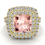 Cushion cut engagement rings women Morganite diamond halo 3 ctw SI - Yellow Gold