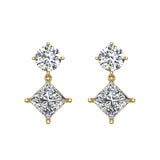 Round & Princess Drop Two stone Diamond Dangle Earrings 18K Gold-G,VS - Yellow Gold