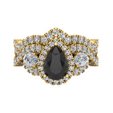 Infinity Style Pear Black Halo Diamond Wedding Ring Set 14K Gold-I,I1 - Yellow Gold