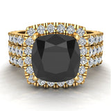 14K Gold Wedding Ring Set Cushion Black Diamond Halo Ring 3.85 ct-G,SI - Yellow Gold