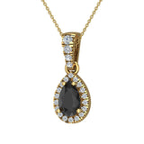 Pear Cut Black Diamond Halo Diamond Necklace 14K Gold-G,I1 - Yellow Gold