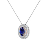 Oval Cut Blue Sapphire Double Halo 2 tone necklace 14K Gold-I,I1 - Rose Gold