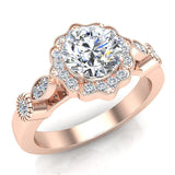 GIA Round halo diamond engagement rings floral milgrain 18K 1.25 ctw G SI - Rose Gold
