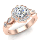 GIA Round halo diamond engagement rings floral milgrain 14K 1.25 ctw I1 - Rose Gold